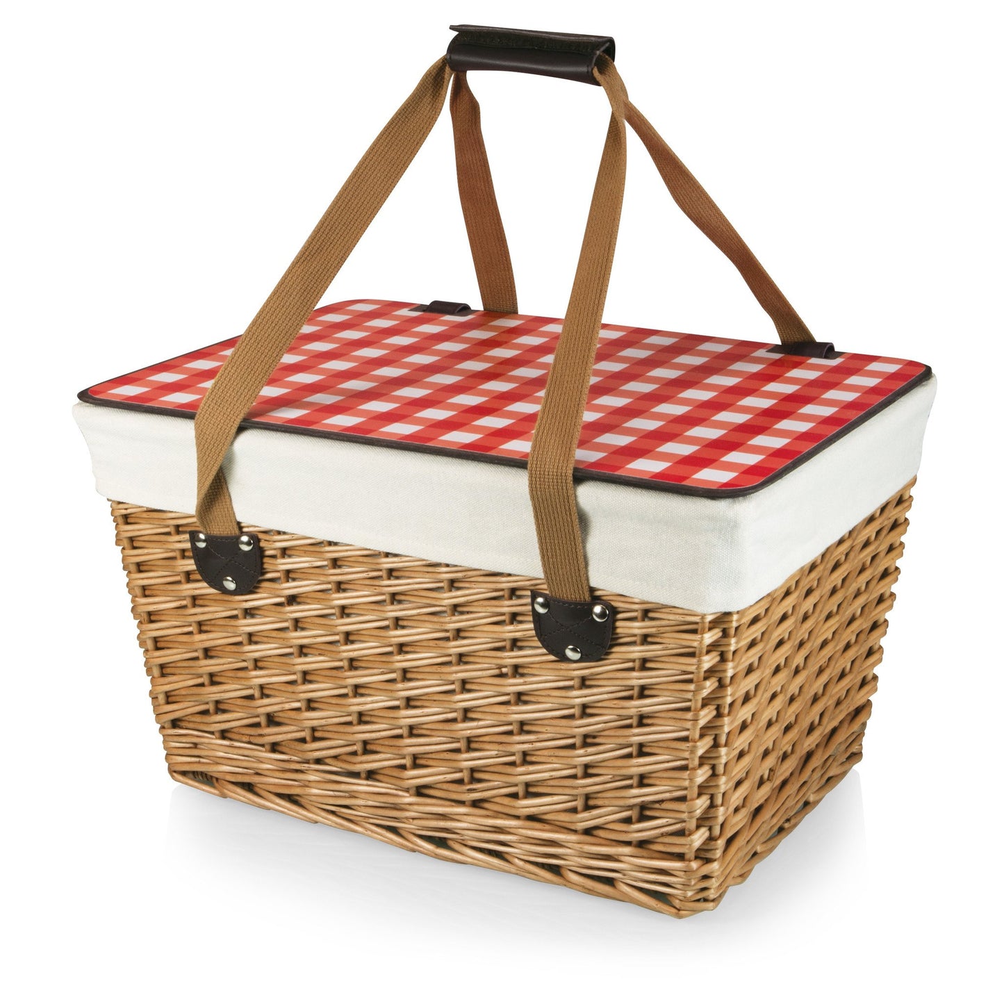 Picnic Time Canasta Grande Natural Flat Lid Basket Willow Red Check Lid - Set of 2