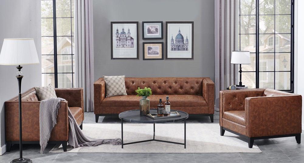 Manhattan Comfort Cadman 3-Piece Sofa Loveseat and Armchair Set in Camal PU Leather