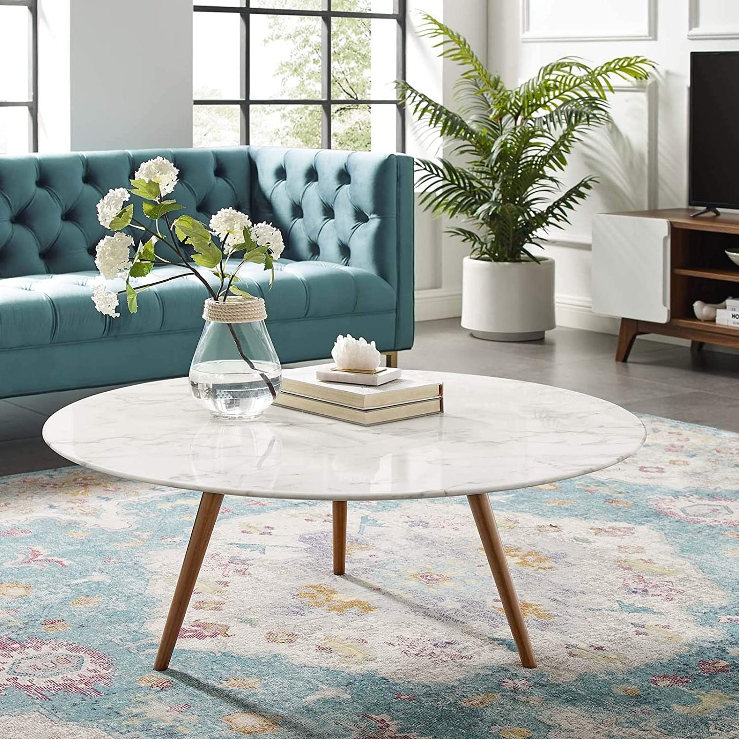 Modway Lippa 40" Round Artificial Marble Coffee Table with Tripod Base in Walnut White | Coffee Tables | Modishstore-3