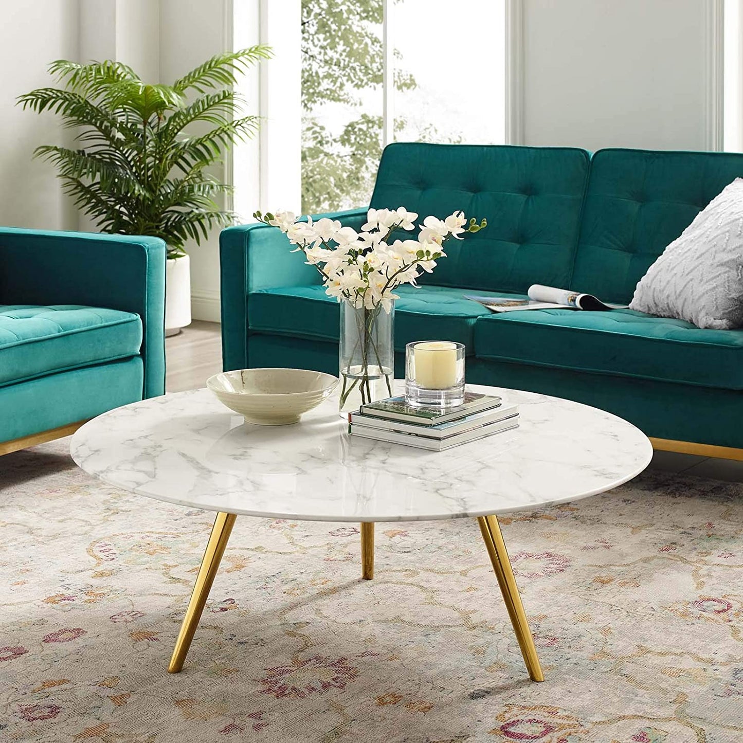 Modway Lippa 40" Round Artificial Marble Coffee Table with Tripod Base in Gold White | Coffee Tables | Modishstore-3