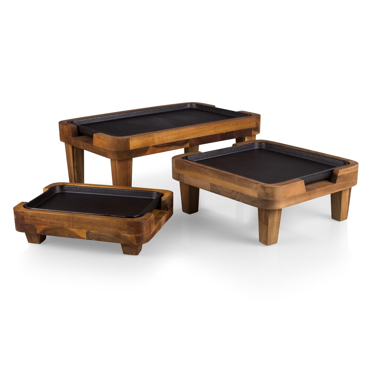 Picnic Time Raccolta Nested Set Three Wood Serving Pedestals with Inlaid Iron Griddles