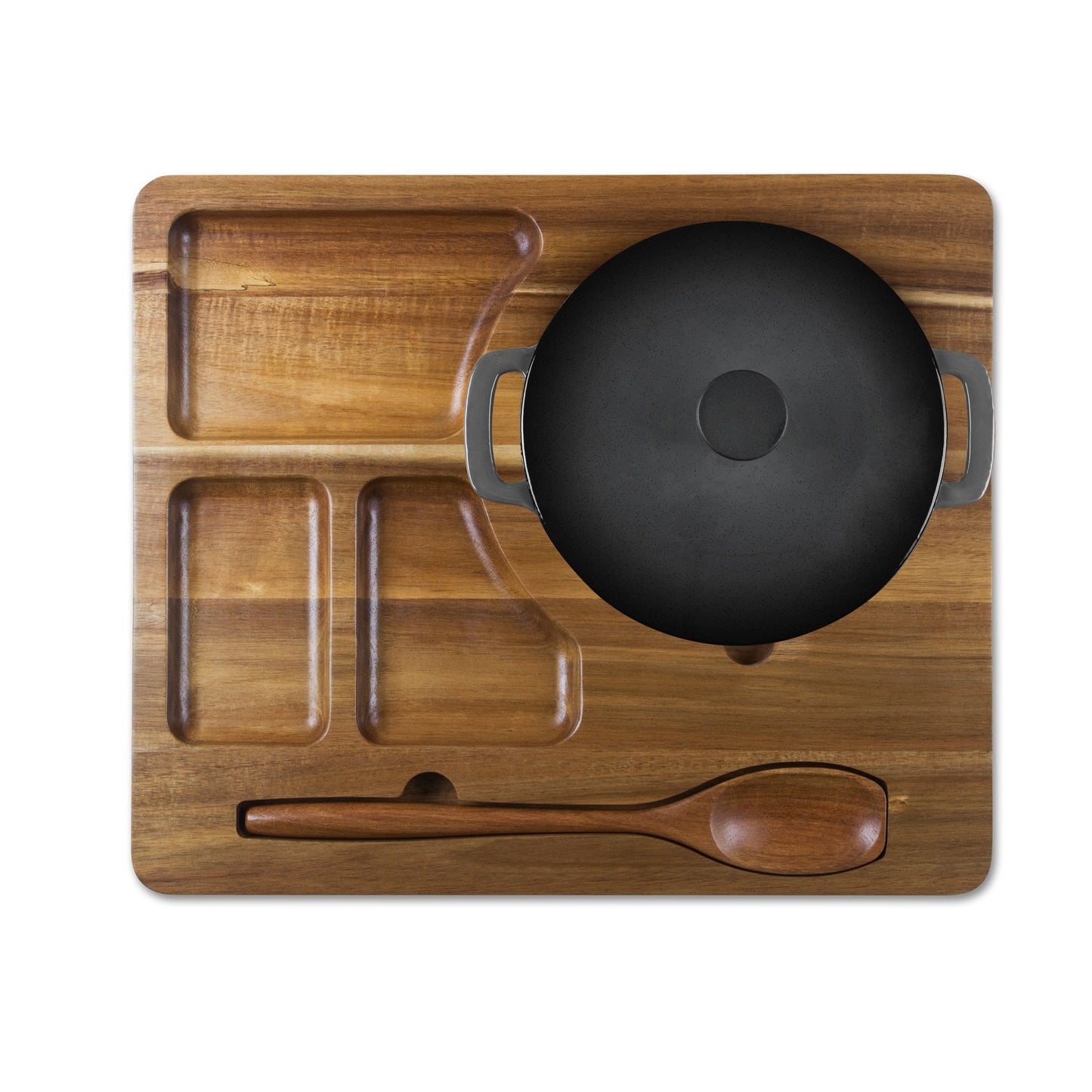 Picnic Time Dutch Oven Station Cast Iron with Cermaic Bowls on an Acacia Base with Spoon