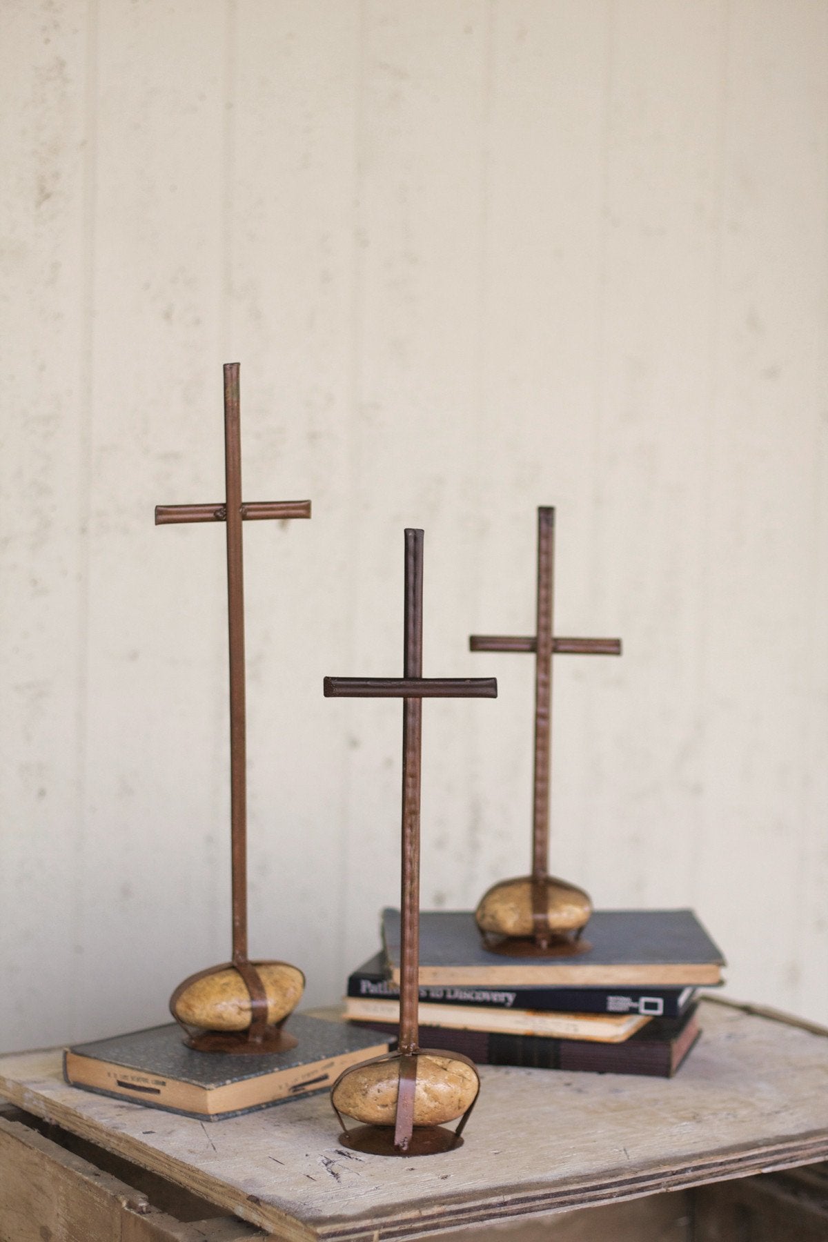Kalalou Scrap Metal Crosses With Caged Rock Bases - Set Of 3