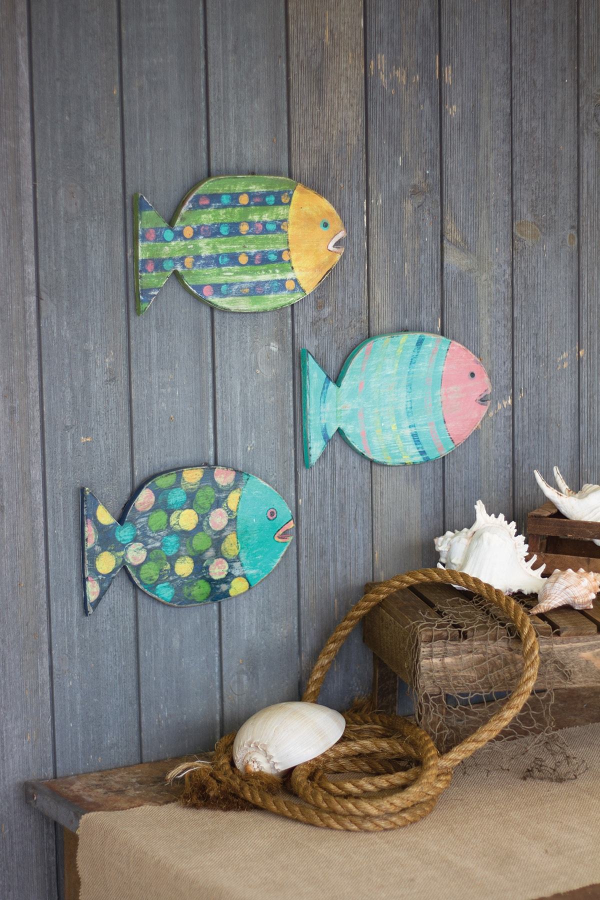 Kalalou Set Of 3 Painted Wooden Fish Wall Hangings