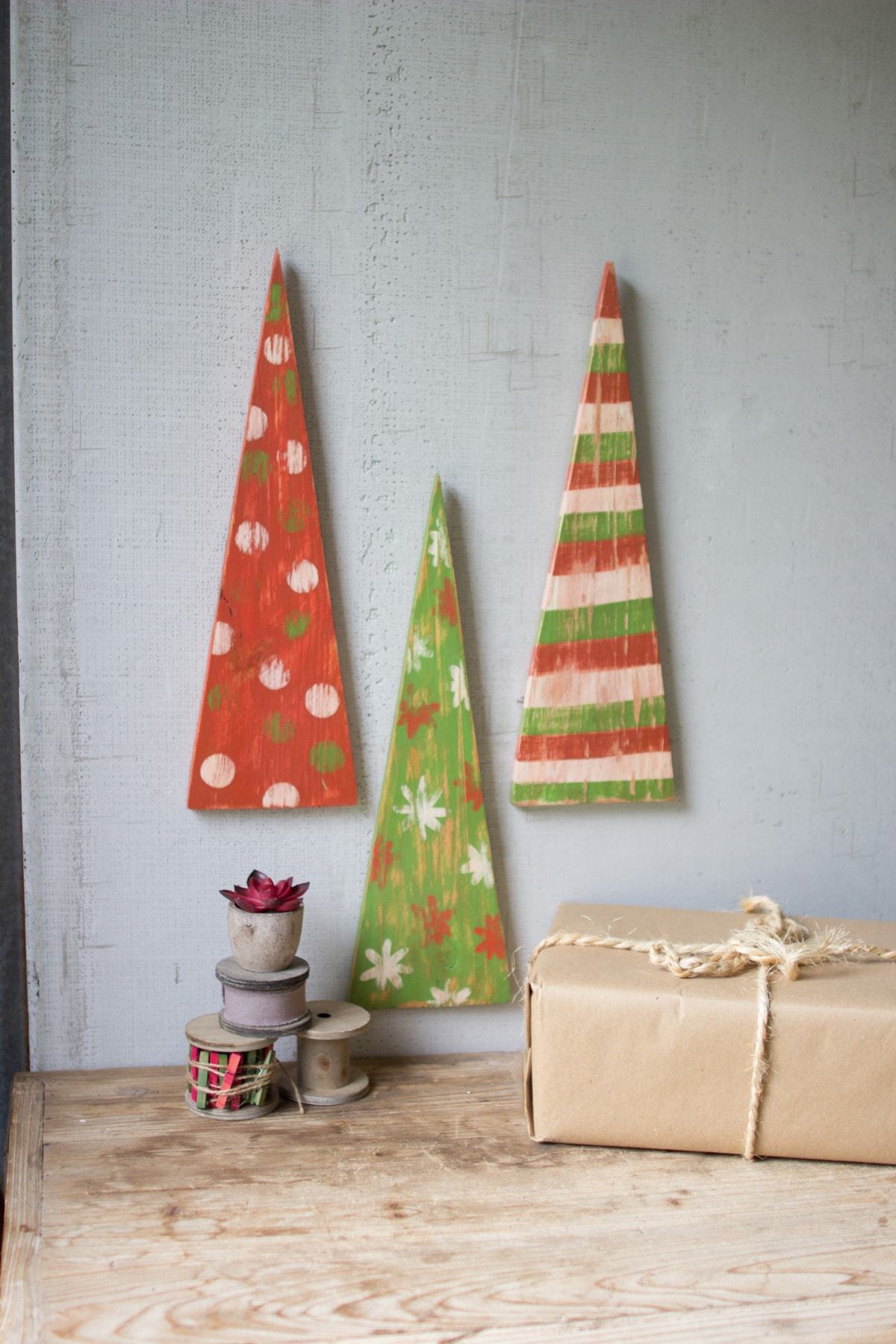 Kalalou Set Of 3 Multi Colored Painted Christmas Trees Wall Hangings