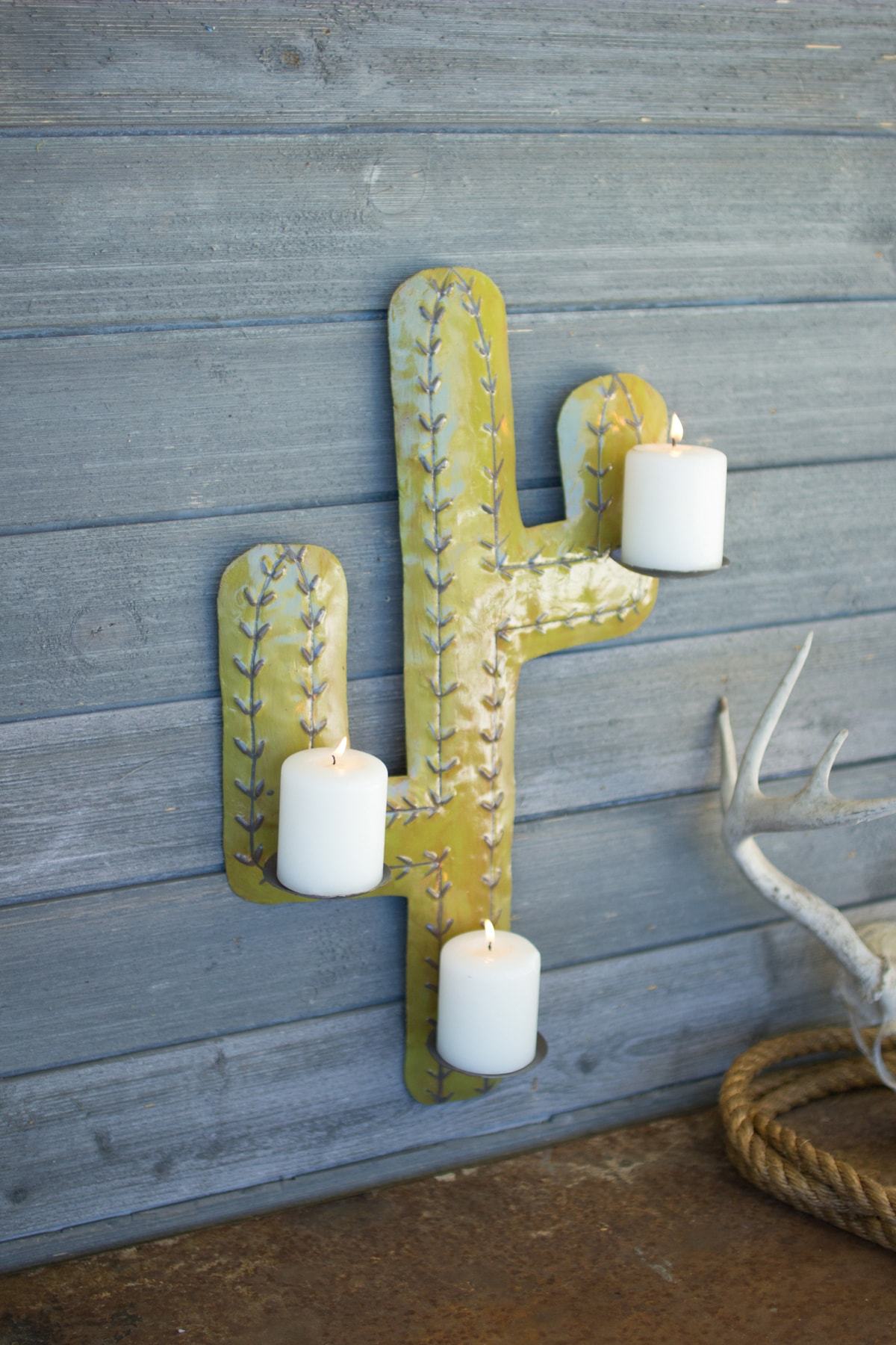 Kalalou Distressed Green Hand Hammered Metal Cactus Wall Sconce