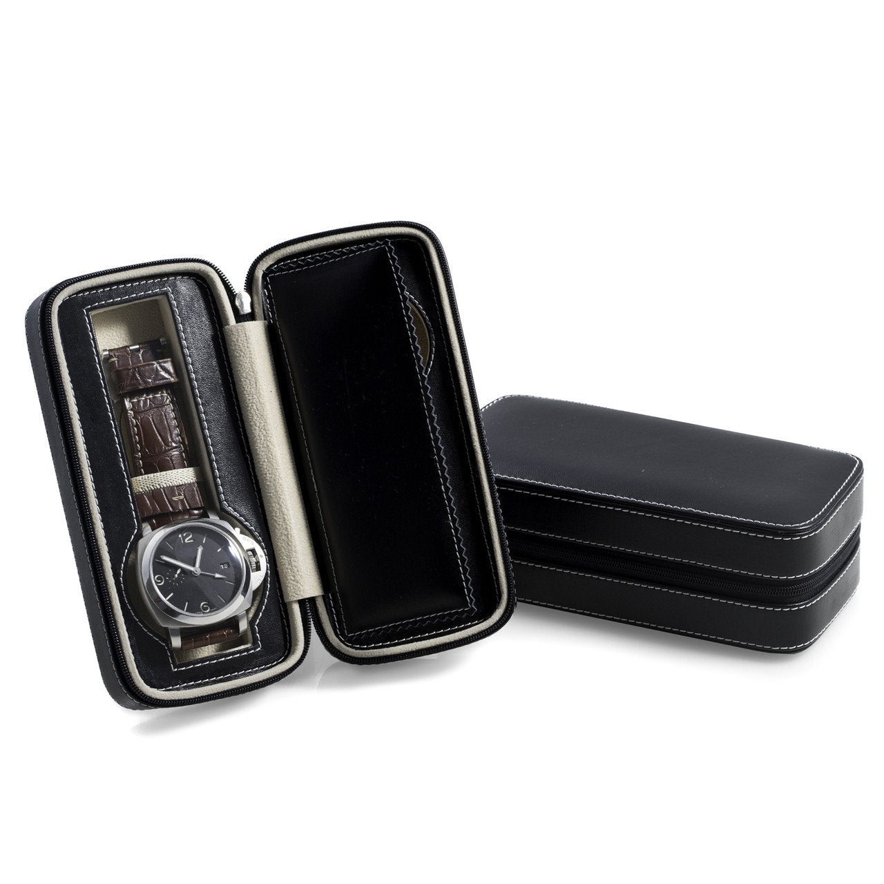 Bey-Berk Black Leather Two Watch Travel Case