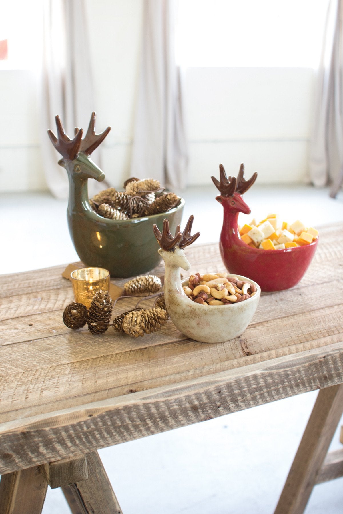 Kalalou Ceramic Deer Bowls - Sage, Red, White - Set Of 3