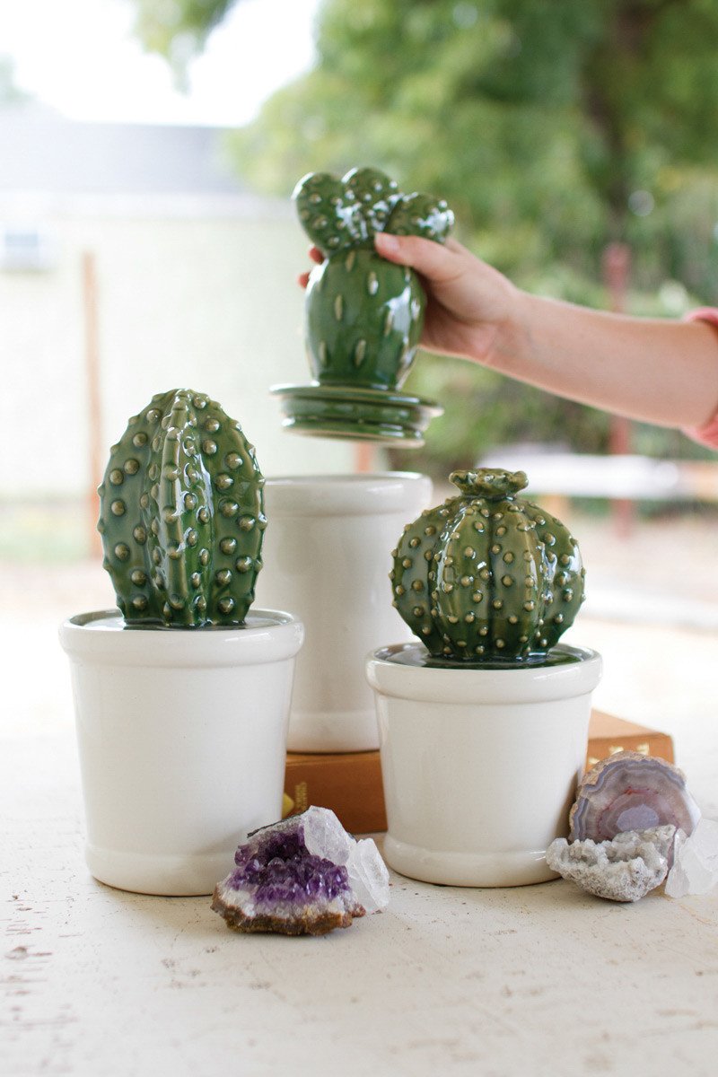 Kalalou Ceramic Cactus Canisters - Set Of 3