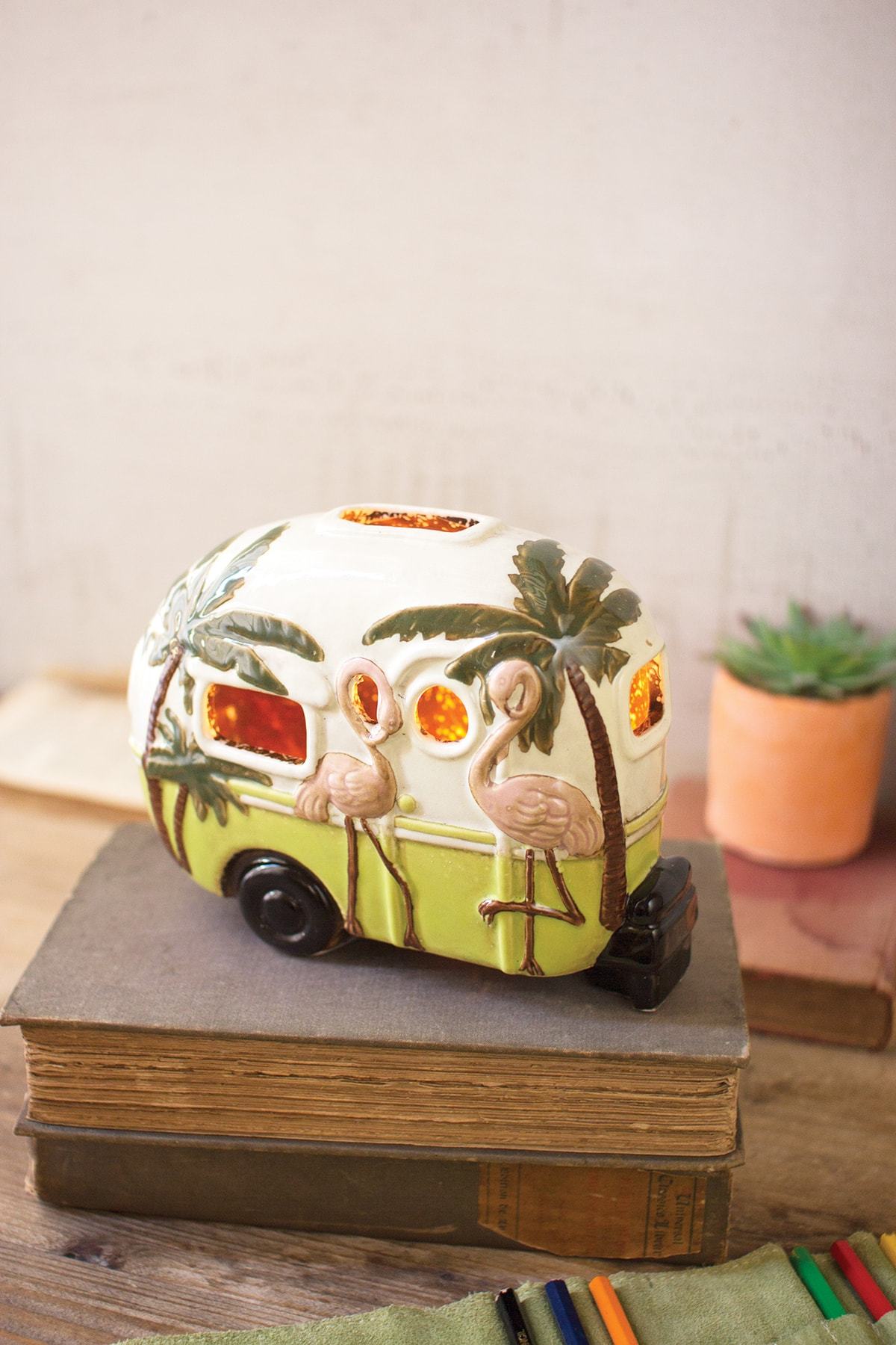 Kalalou Ceramic Flamingo Camper Night Light - Set of 2