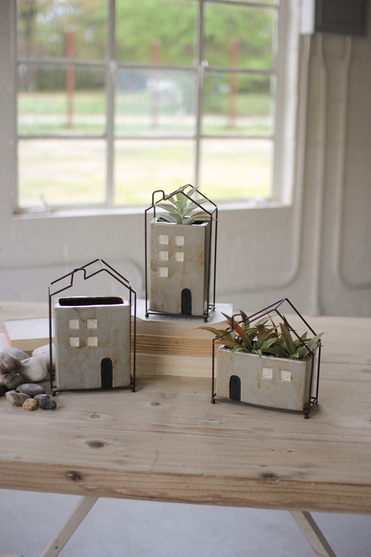 kalalou Set Of 3 Ceramic House Planters With Wire Frames