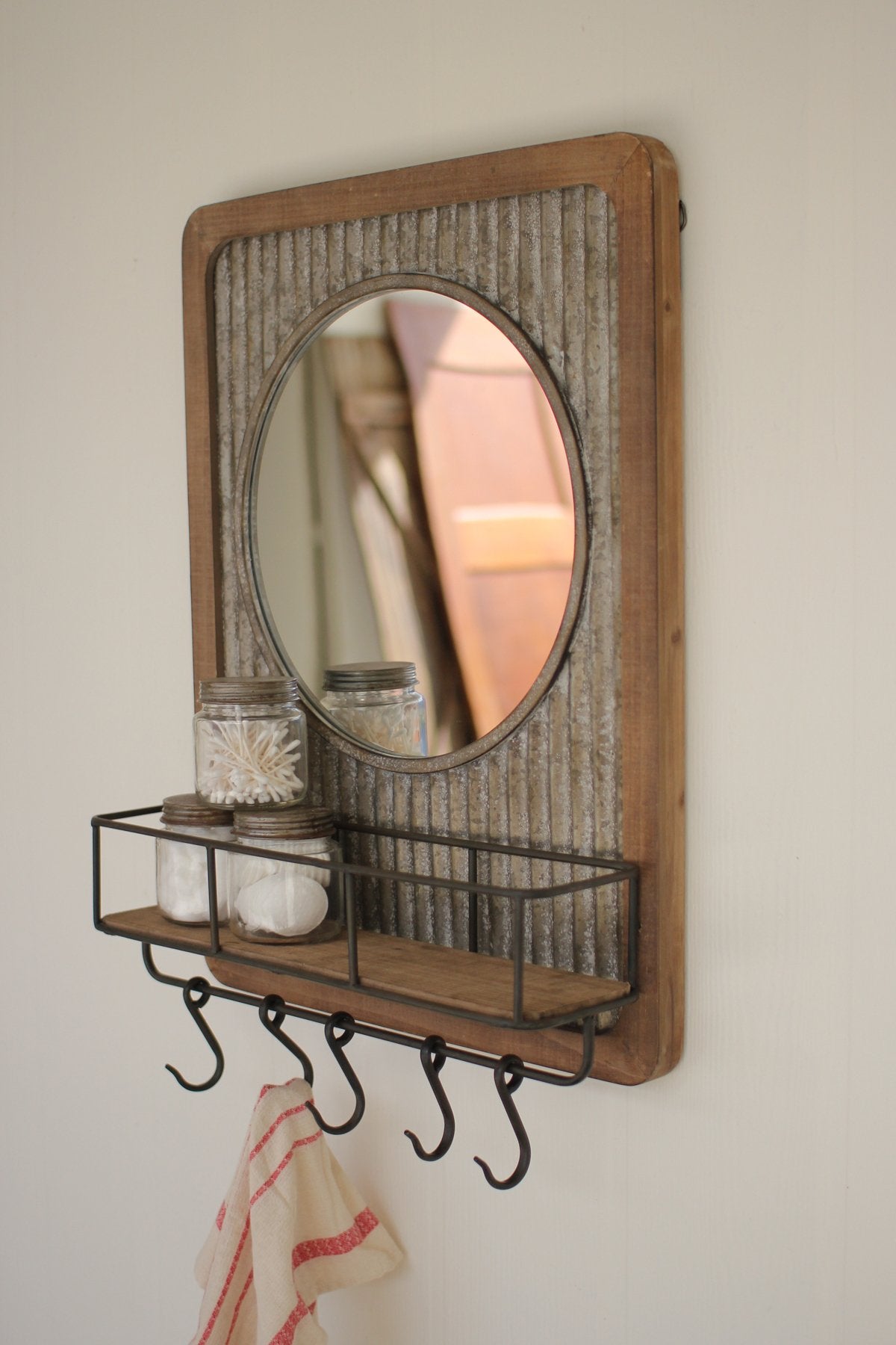 Kalalou Wood Shelf And Round Mirror With Corrugated Metal