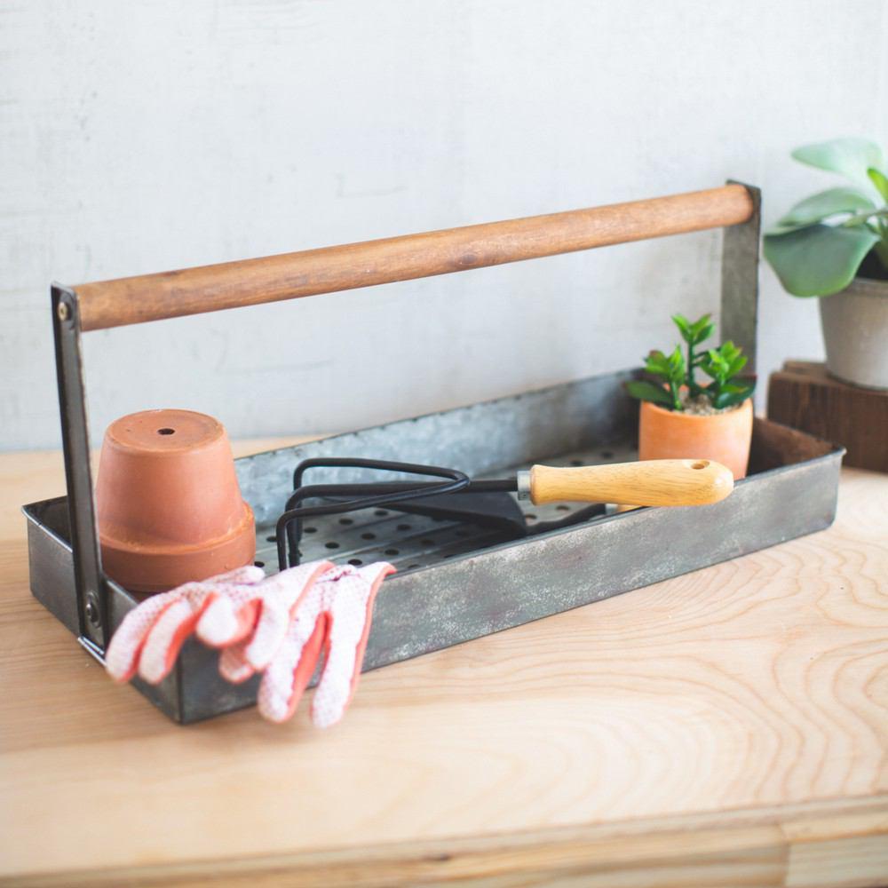 Kalalou Antique Galvanized Perforated Metal Trug With Wooden Handle