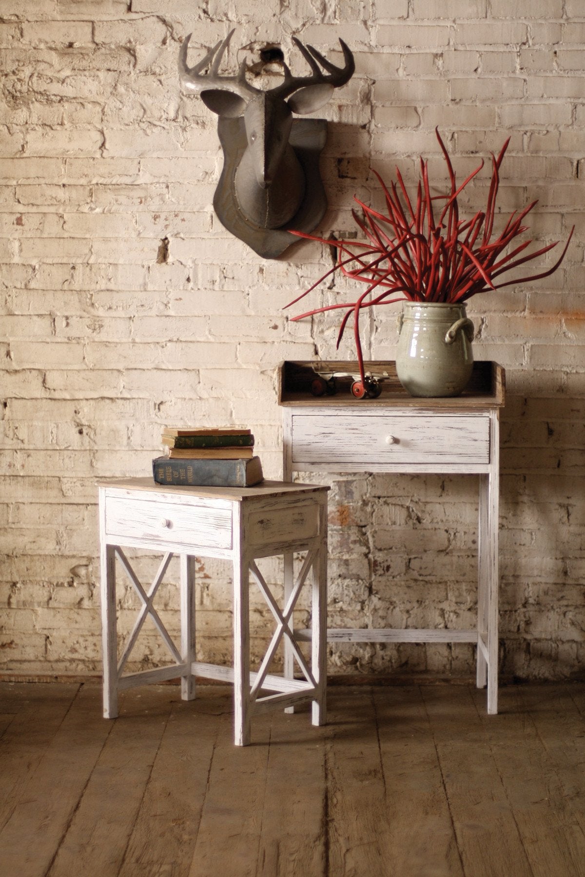 Kalalou Whitewashed Side Tables With Distressed Wooden Tops - Set of 2
