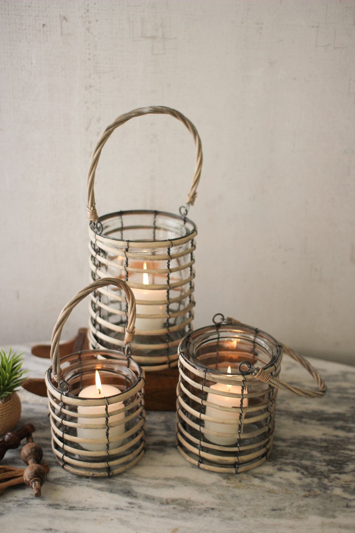 Kalalou Set Of 3 Grey Willow Lanterns With Glass
