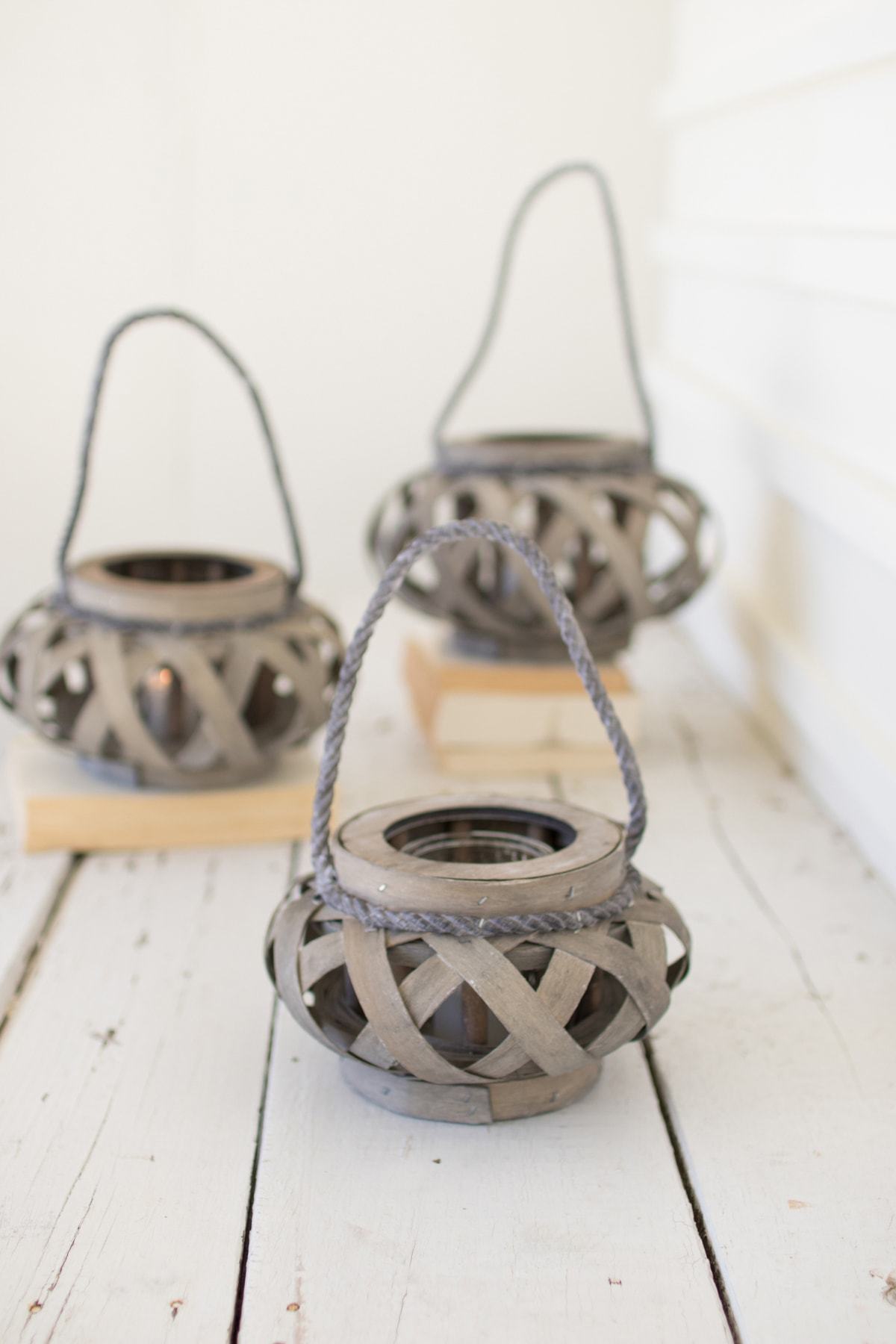Kalalou Set Of 3 Grey Chipwood Votive Lanterns With Glass