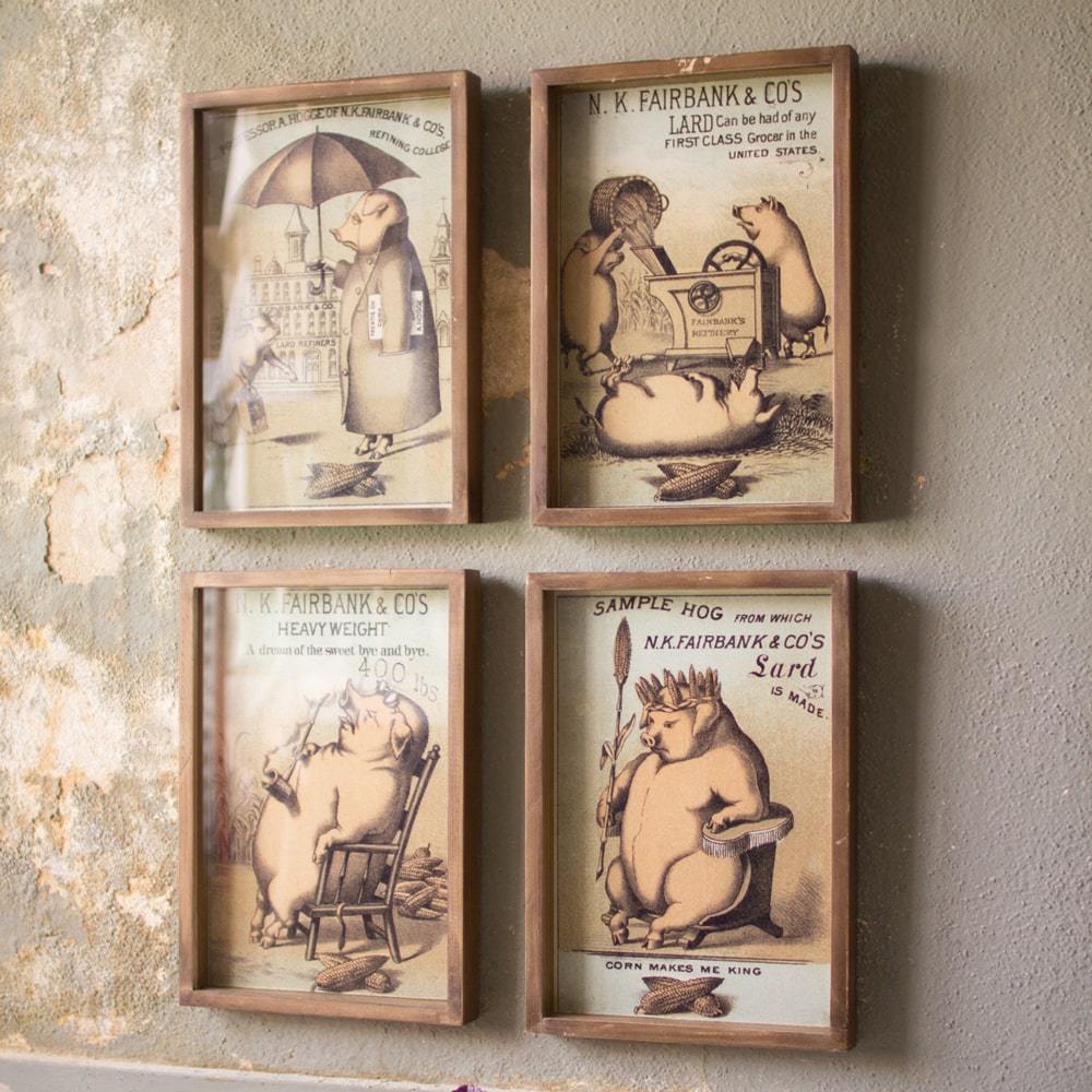 Kalalou Set Of 4 Framed Pig Prints Under Glass