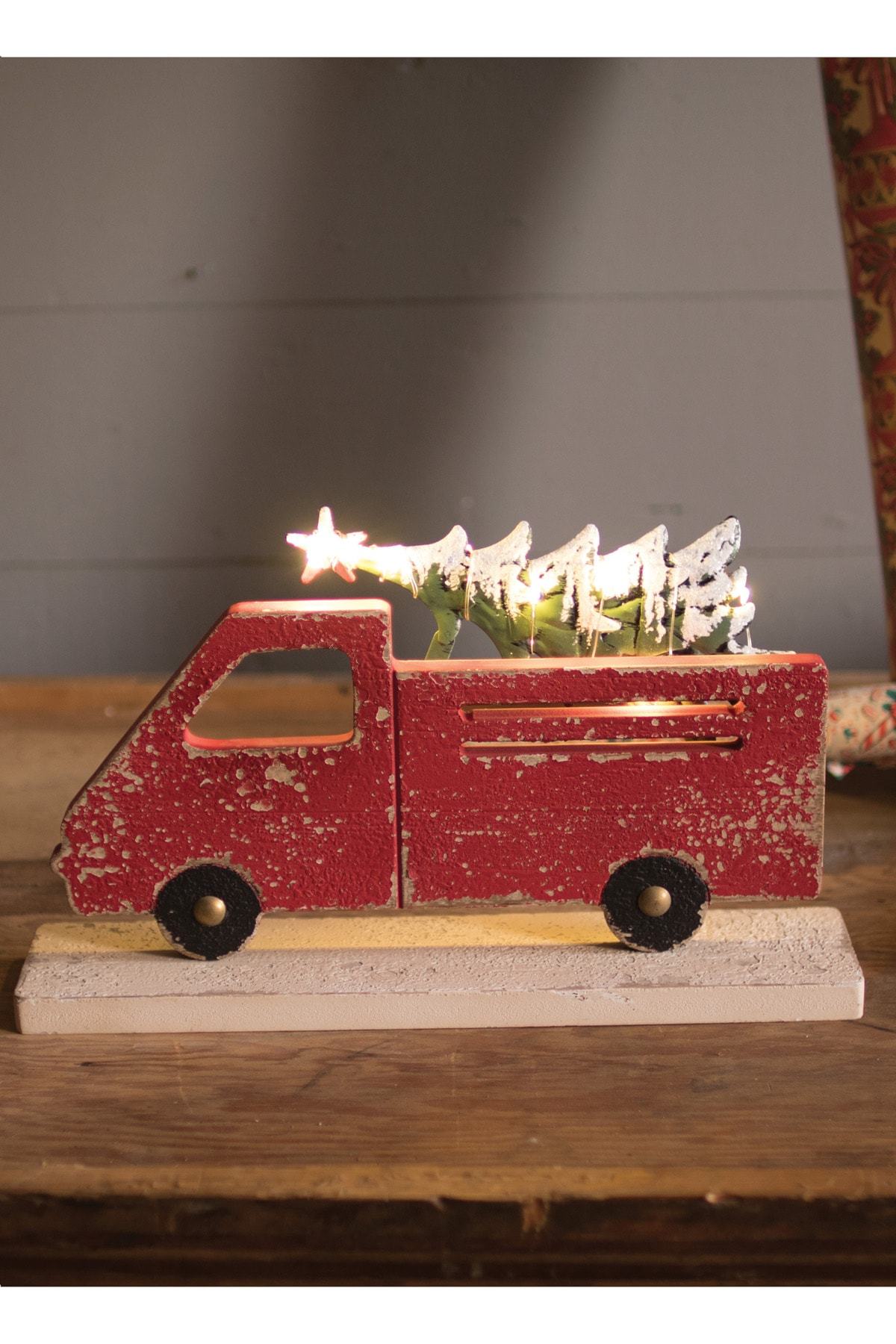 Kalalou Red Truck Carrying Christmas Tree With Battery Lights
