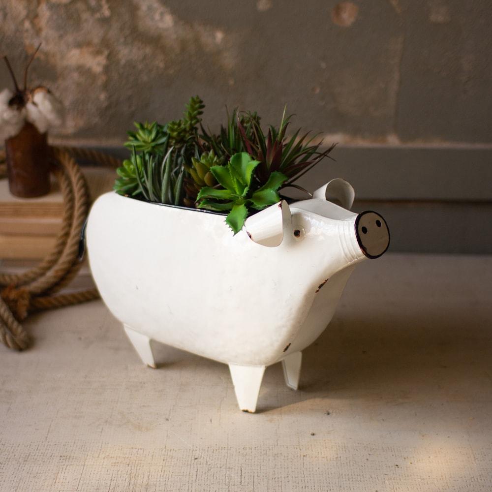 Kalalou White Enamelware Pig Planter