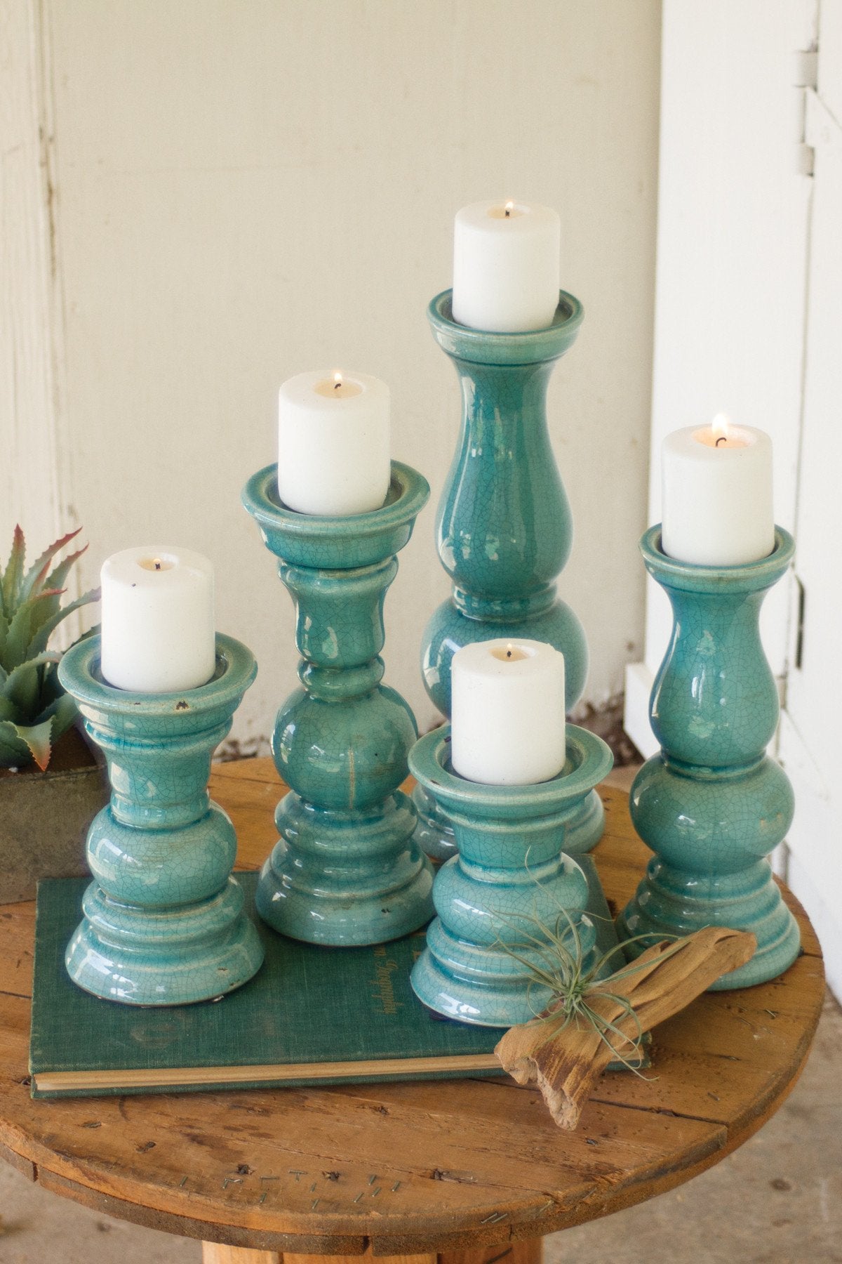 Kalalou Ceramic Candle Holders - Light Blue - Set Of 5