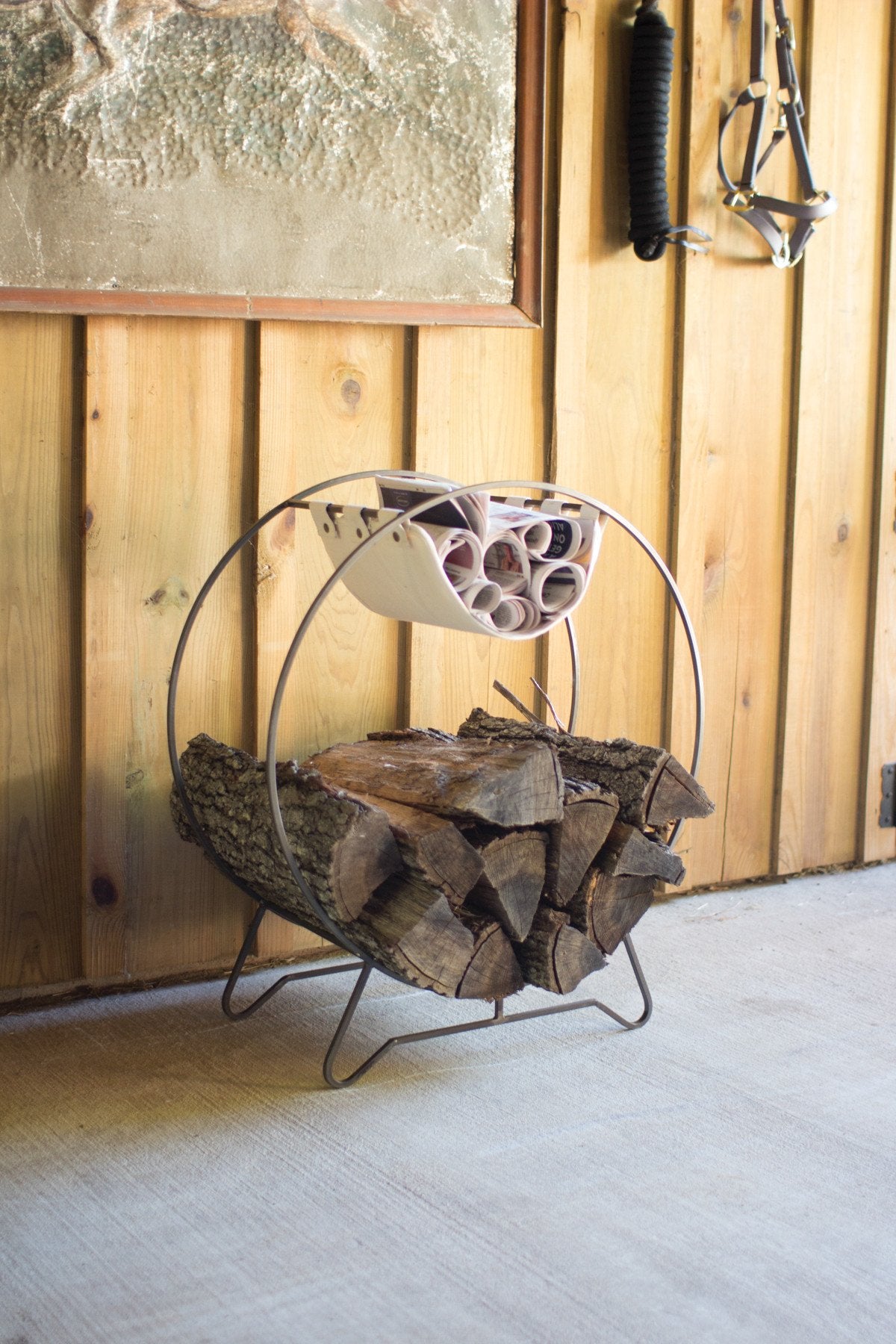 Kalalou Round Log Holder With Canvas Kindling Sling