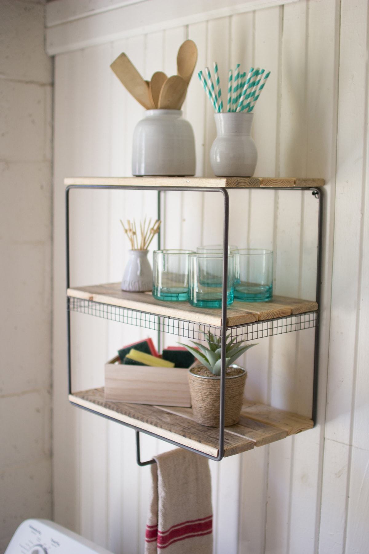 Kalalou Metal Wall Cubby With Hanging Bar And Recycled Wood Shelves