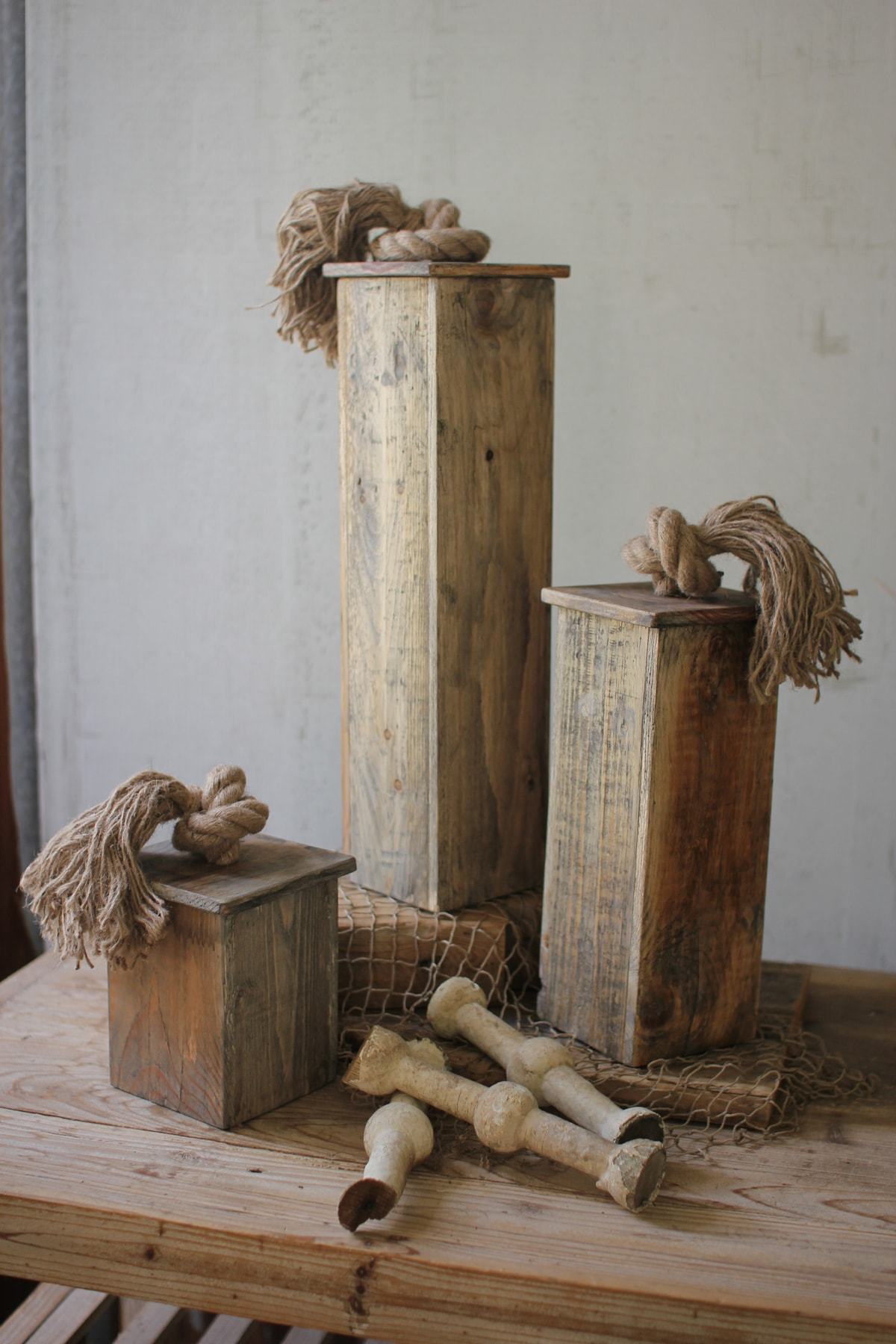 Kalalou Set Of 3 Recycled Wood Canisters With Rope Knot Detail