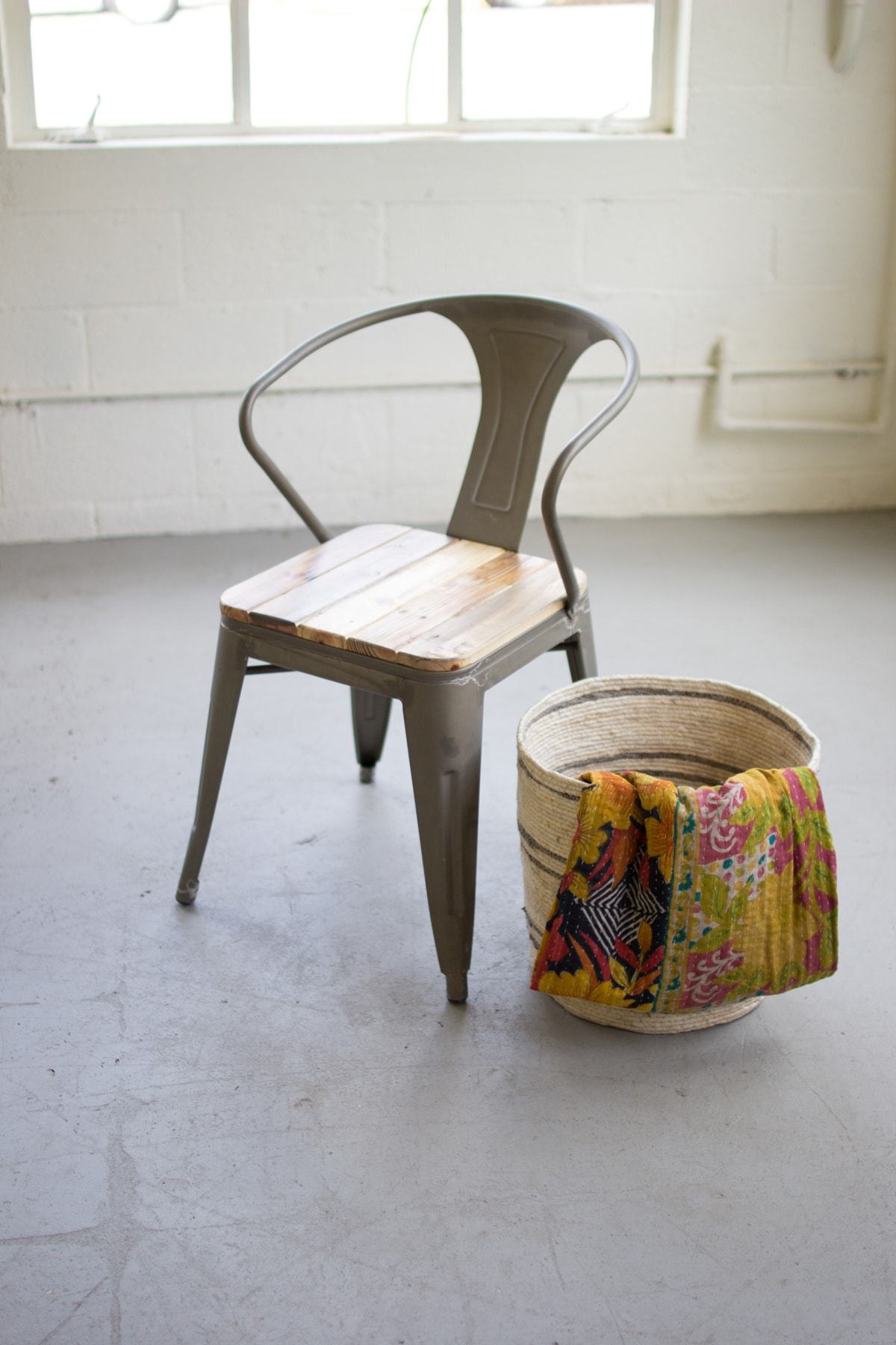 Kalalou Metal Arm Chair With Worn Recycled Wood Seat