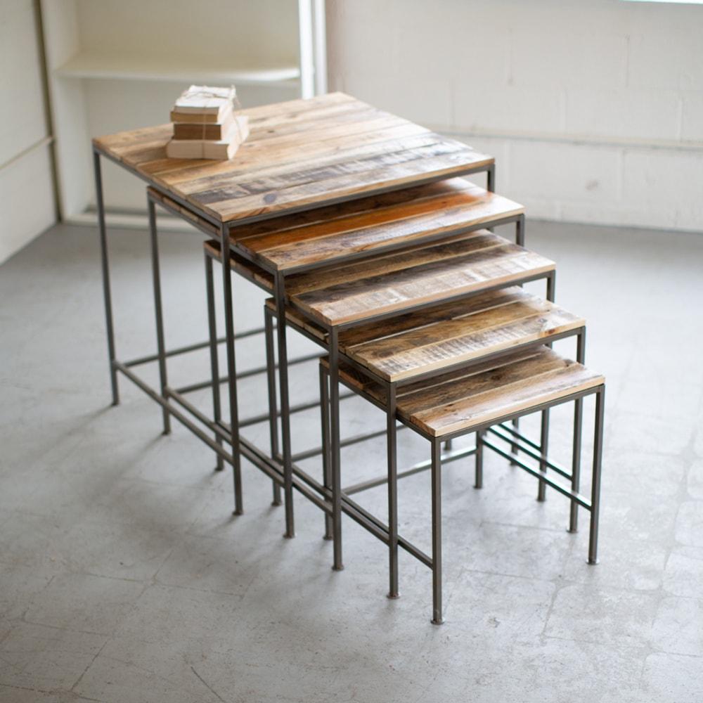 Kalalou Set Of 5 Recycled Wood And Iron Square Display Tables
