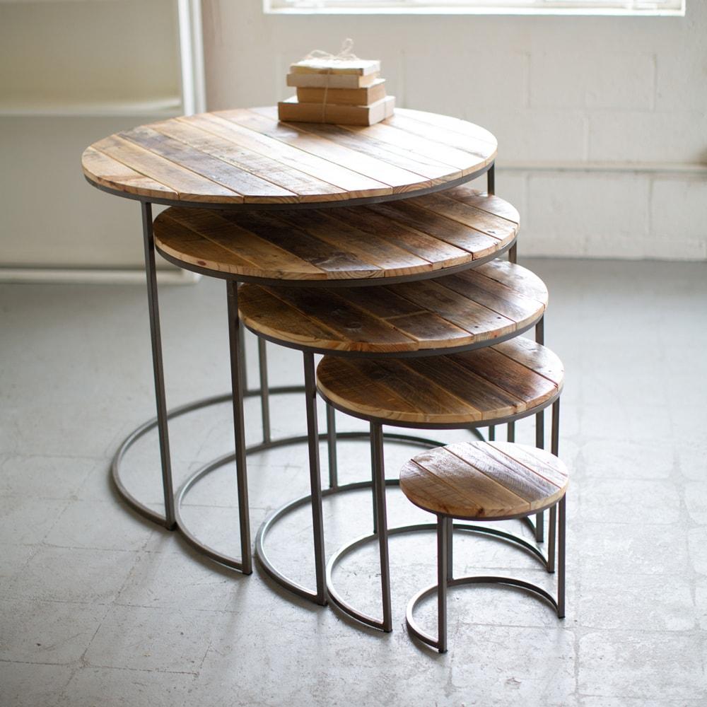 Kalalou Set Of 5 Recycled Wood And Iron Round Display Tables