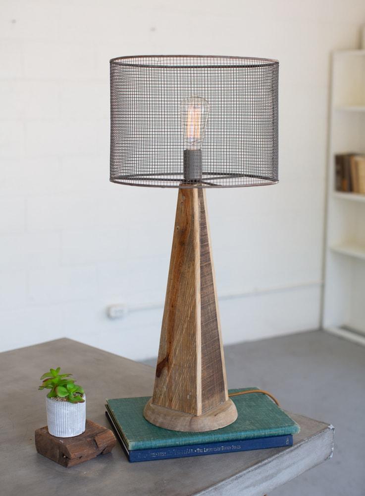 Kalalou Table Lamp With Mesh Shade With Wooden Base
