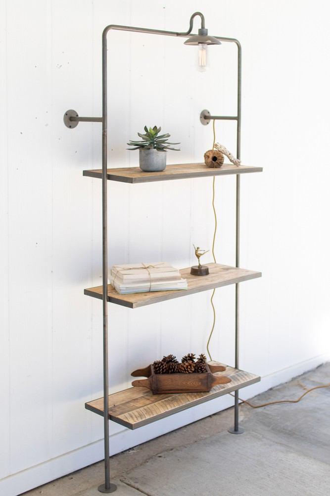Kalalou Recycled Wood & Iron Wall Shelf With Light