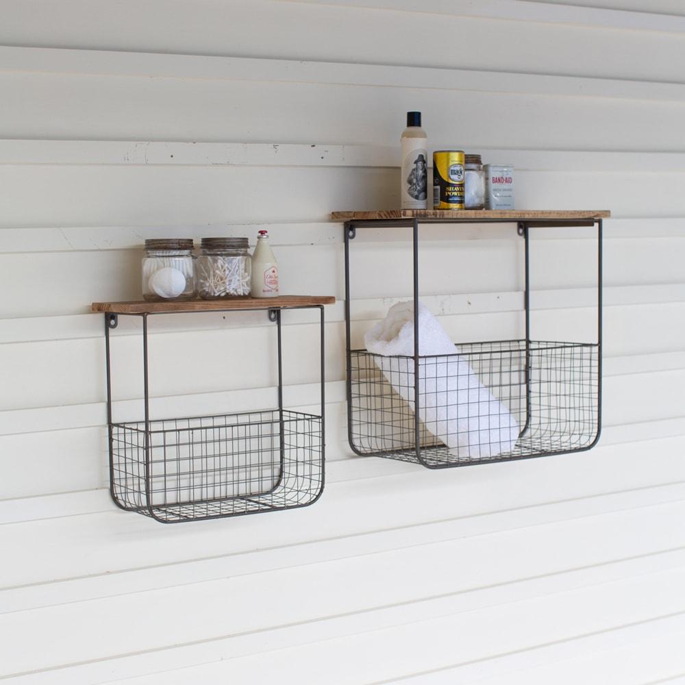 Kalalou Set Of 2 Wire Basket Shelves With Recycled Wood Tops