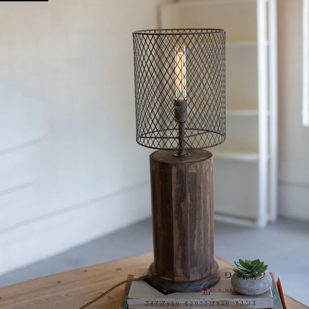 Kalalou Round Recycled Wooden Table Lamp With Wire Mesh Shade