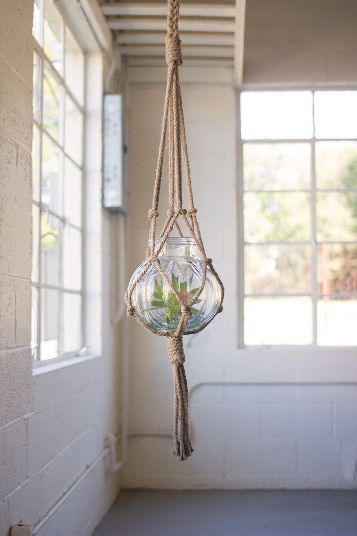 Kalalou Woven Jute Rope Macrame W/Glass Candle Holder
