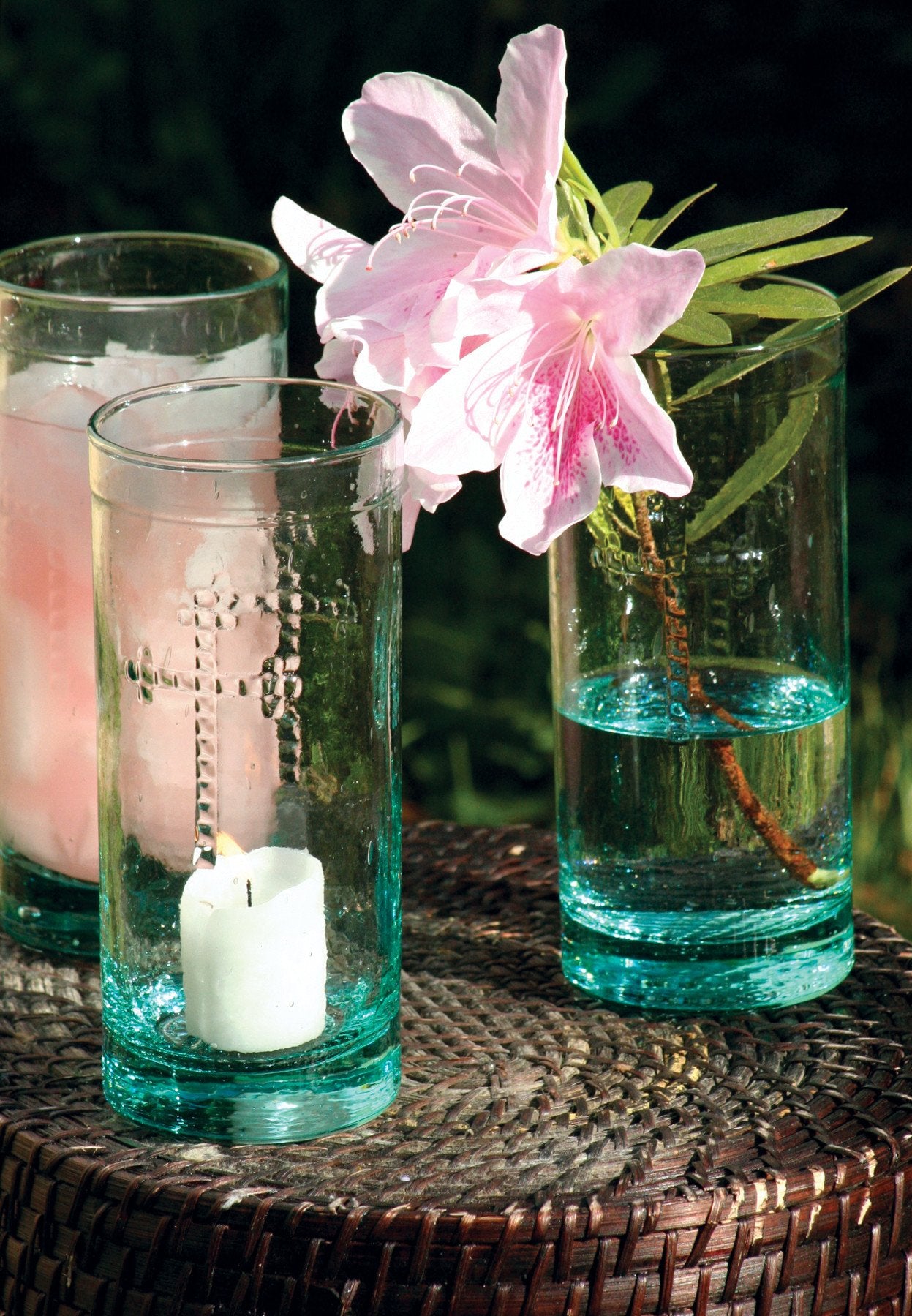 Kalalou Rustic Glass Candleholder Vase Or Drinkware With Cross Detail