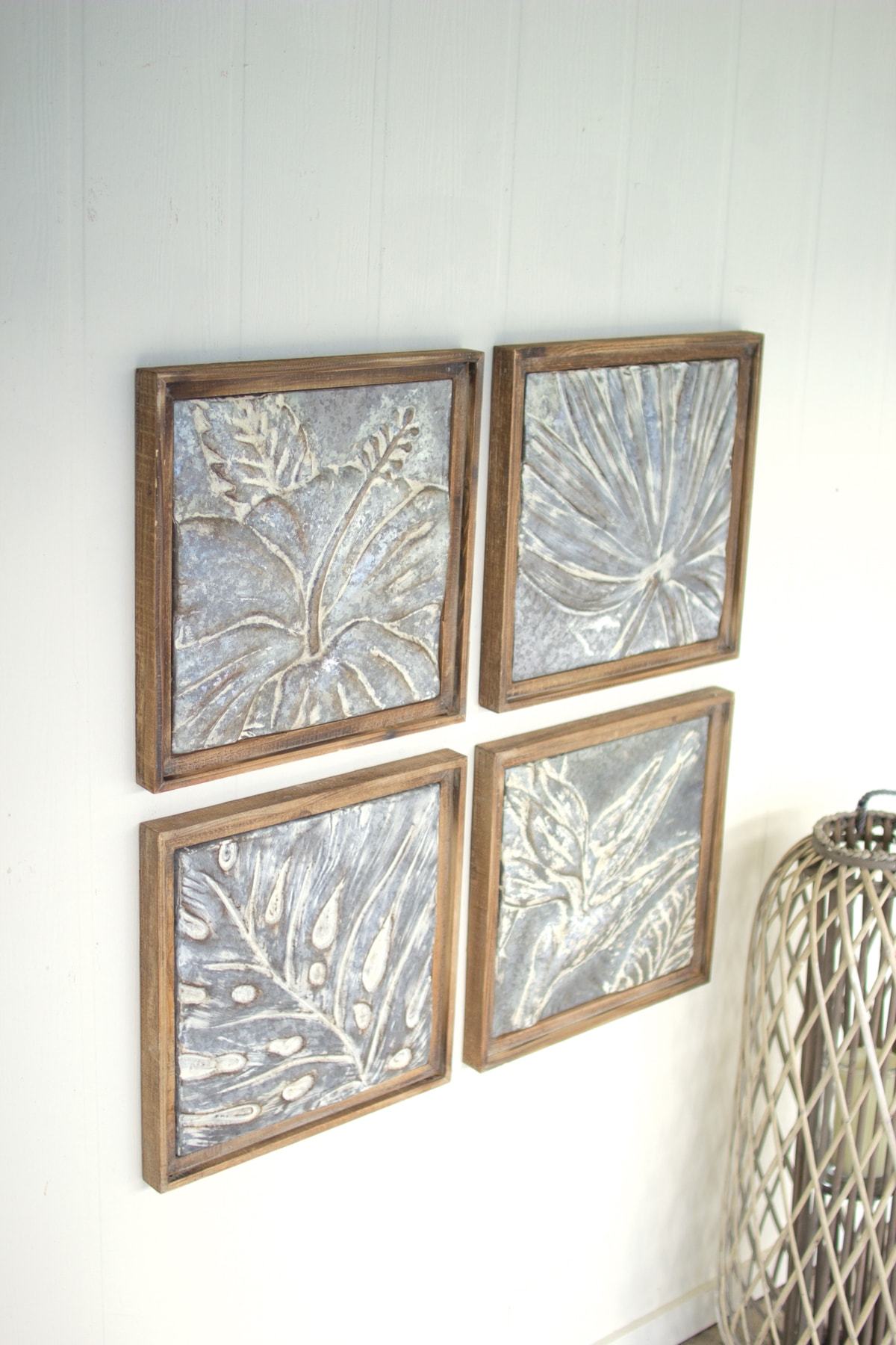 Kalalou Set Of 4 Framed Tropical Pressed Metal Tiles