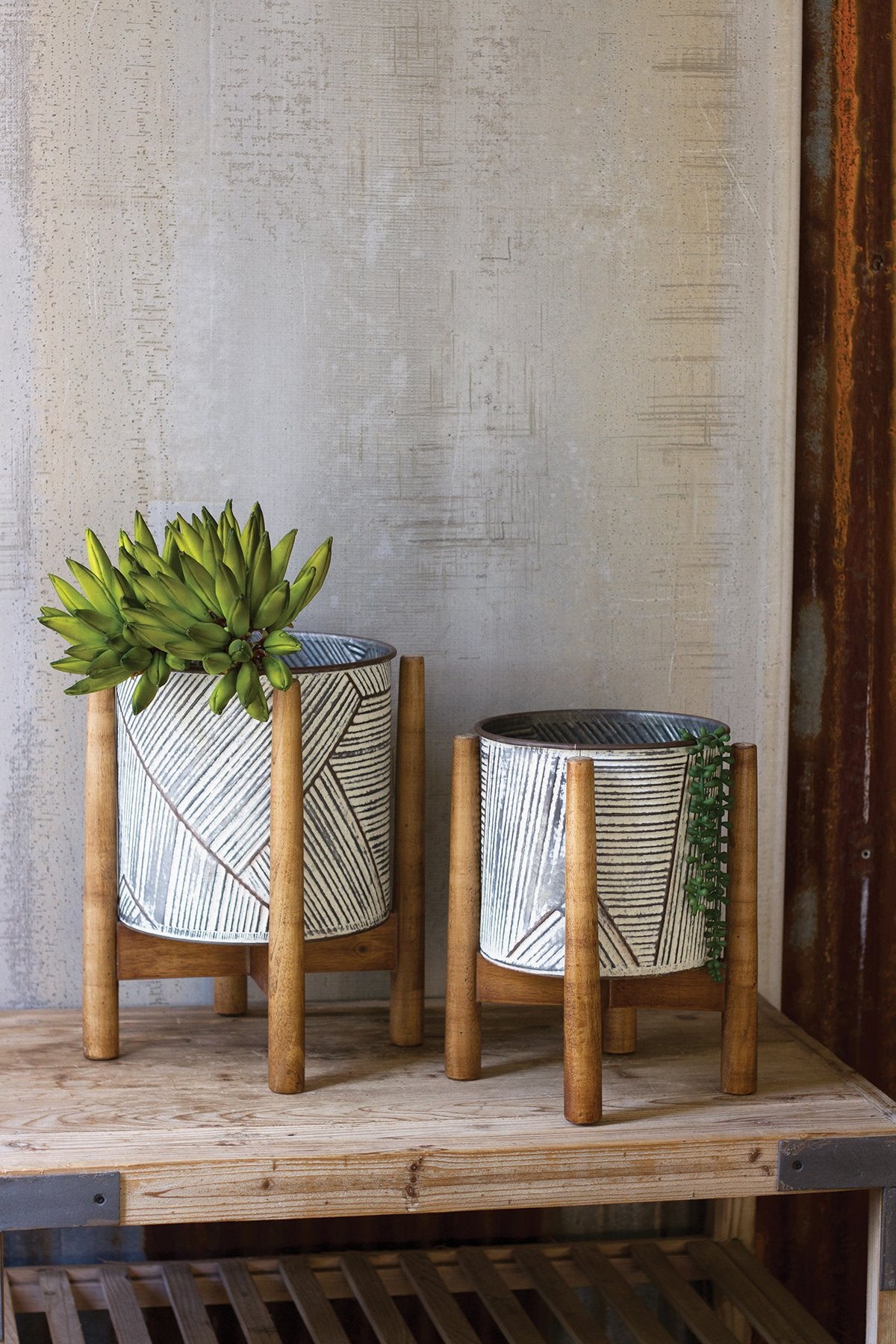 Kalalou Set Of 2 Pressed Tin Planters With Wooden Bases