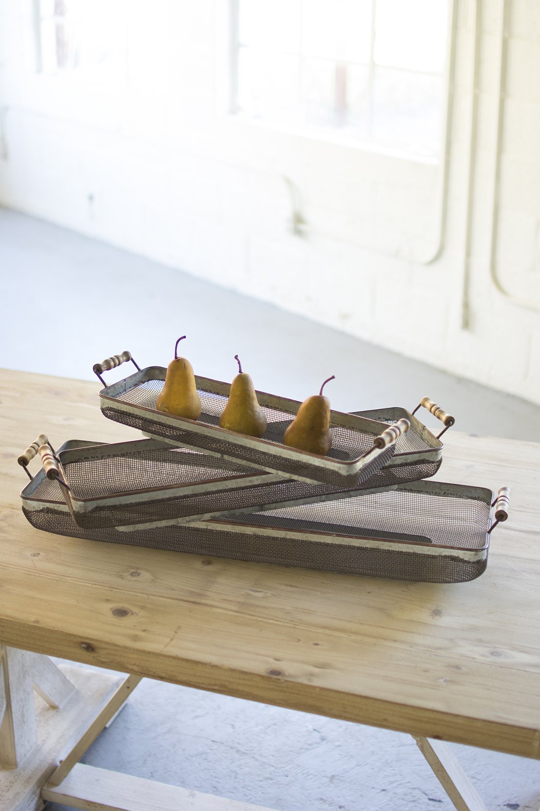 Kalalou Set Of 3 Rustic Galvanized Rectangles Trays W/Wooden Handles