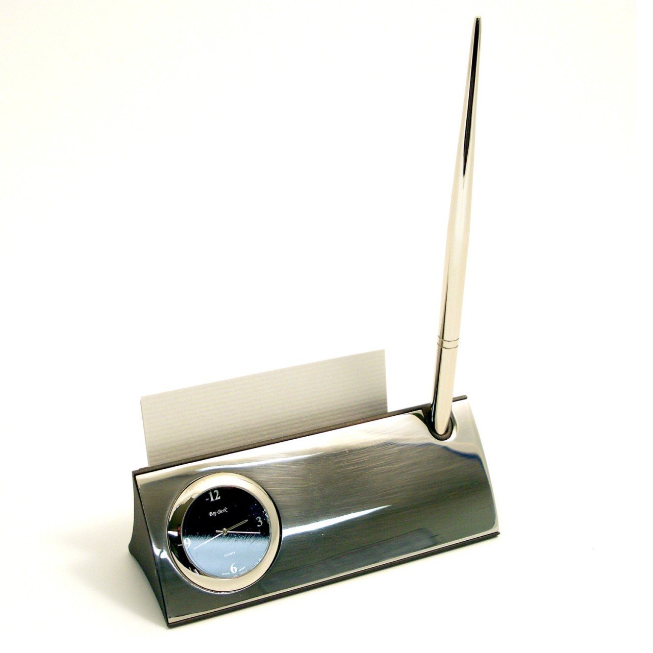 Bey-Berk Leather Business Card Holder with Clock & Pen