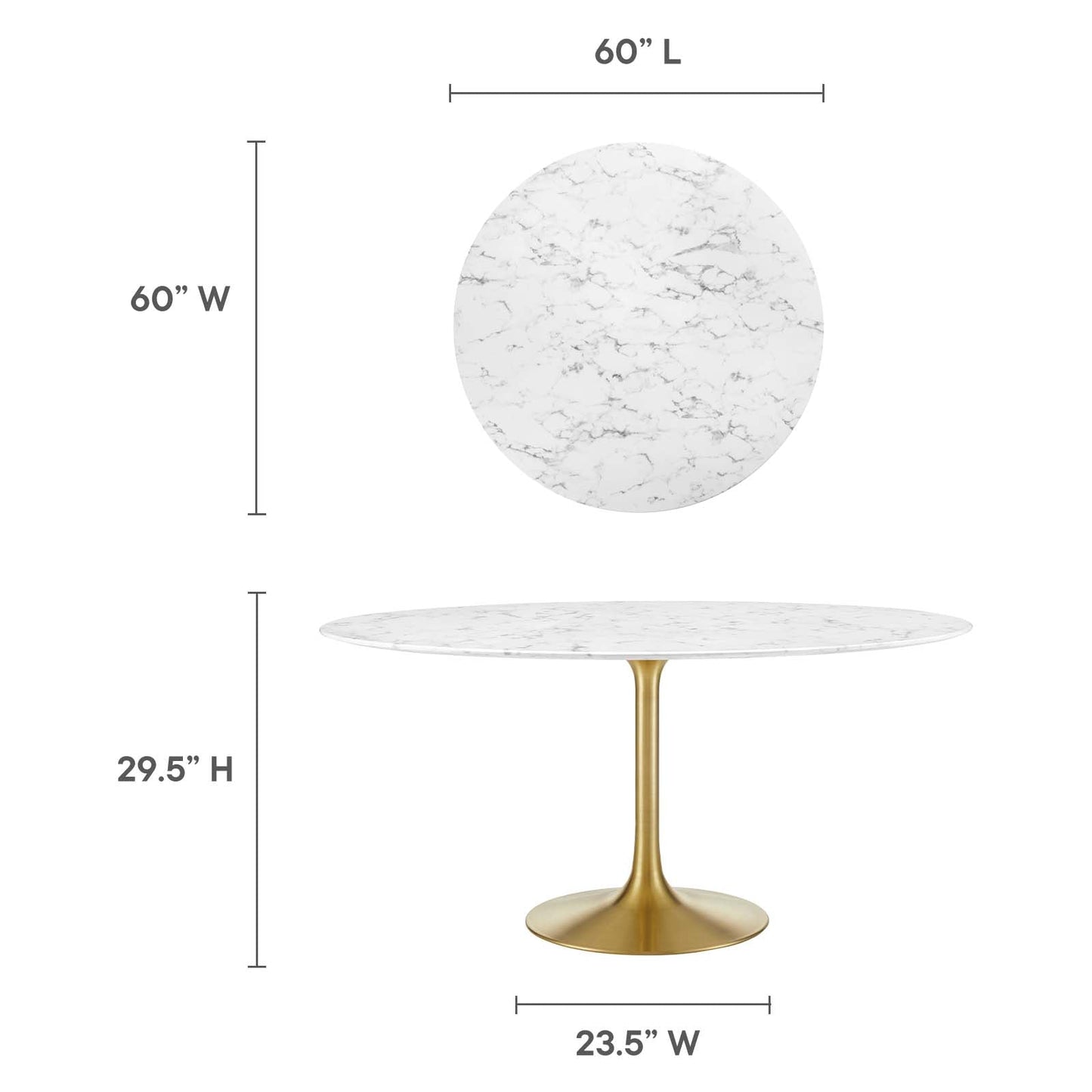 Modway Lippa 60" Round Artificial Marble Dining Table in Gold White - EEI-3234