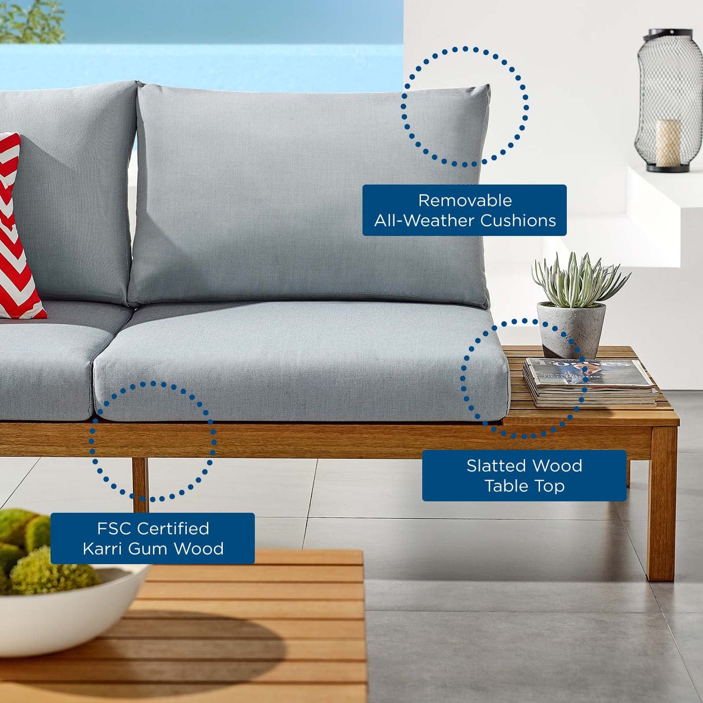 Modway Freeport 3 Piece Outdoor Patio Karri Wood Sectional | Outdoor Patio Daybed |