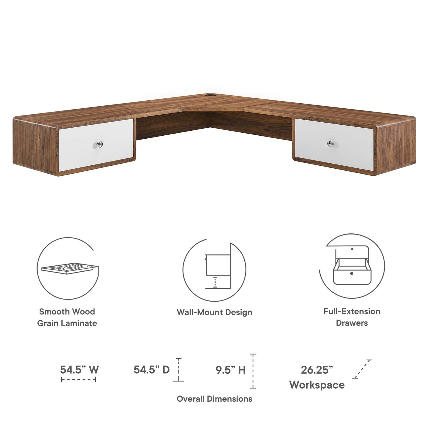 Transmit 55" Wall Mount Corner Wood Office Desk By Modway - EEI-5863-WAL-WHI | Desks | Modishstore - 8