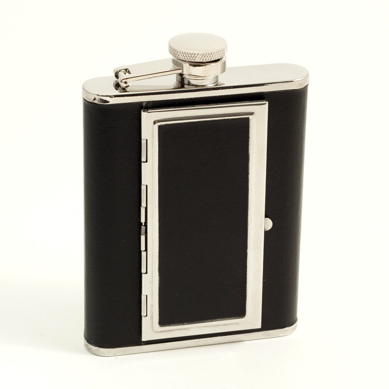 Bey-Berk 6 oz. Stainless Steel Black Leather Flask w/ Cigarette Compartment