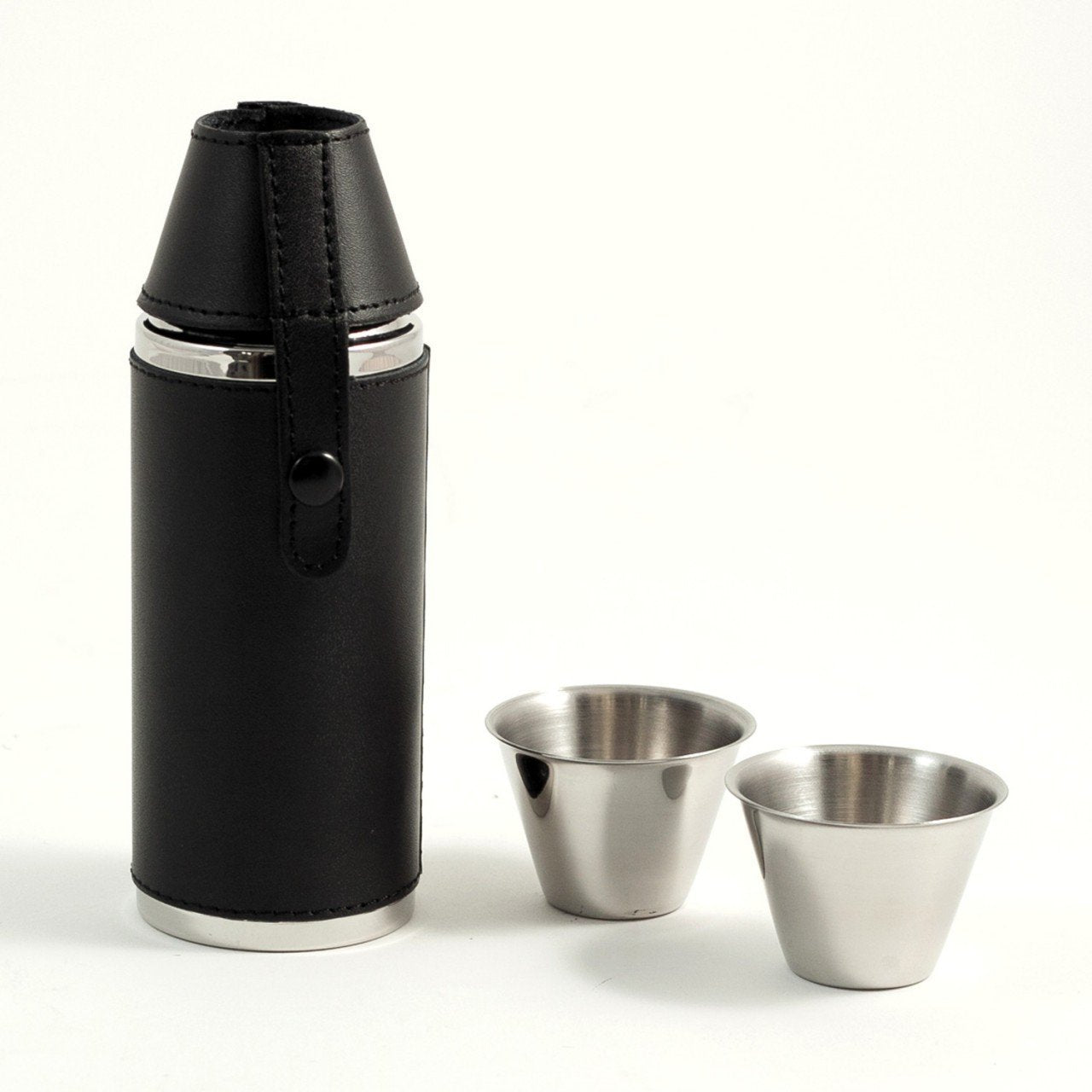 Bey-Berk 8oz. Stainless Steel Cyllindar Flask in Black Leather with Two Cups