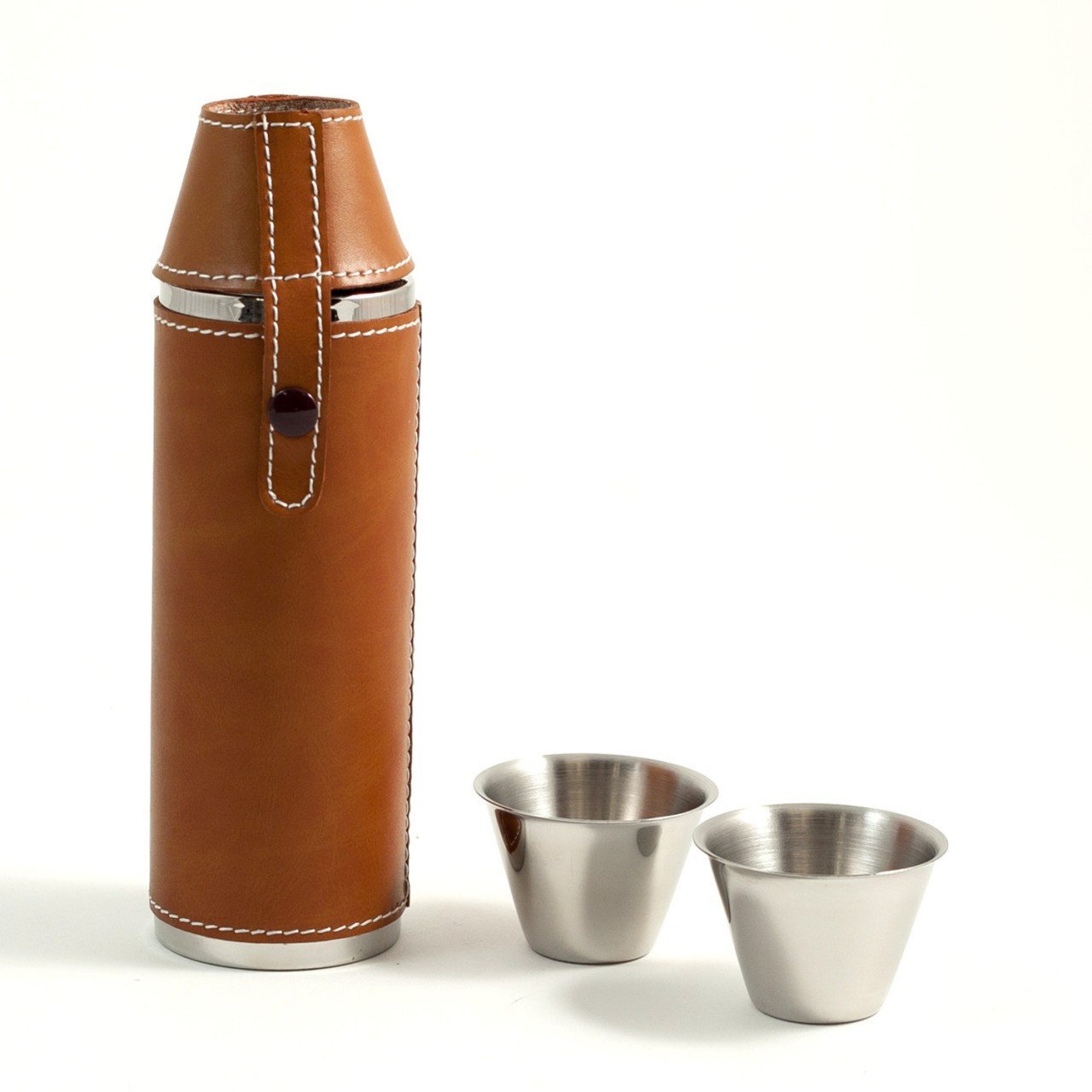 Bey-Berk 10 oz. Stainless Steel Cyllindar Flask in Tan Leather with Two Cups