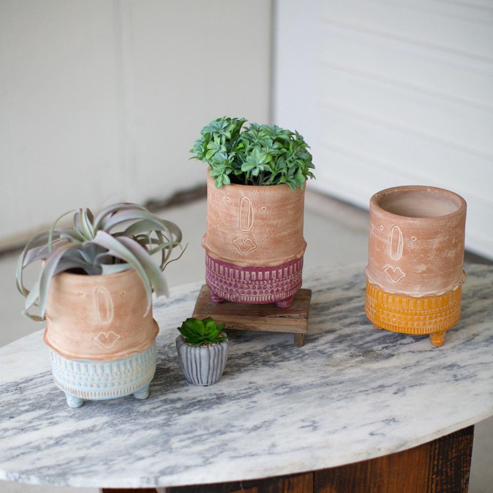 Kalalou Set Of 3 Clay Face Planters With Colorful Bases