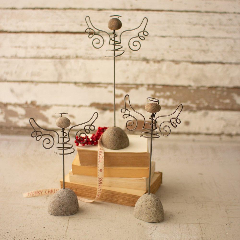 Kalalou Set Of 3 Wire Angels With River Rock Bases