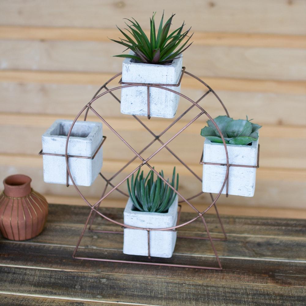 Kalalou White Wash Clay Planters With Wire Ferris Wheel