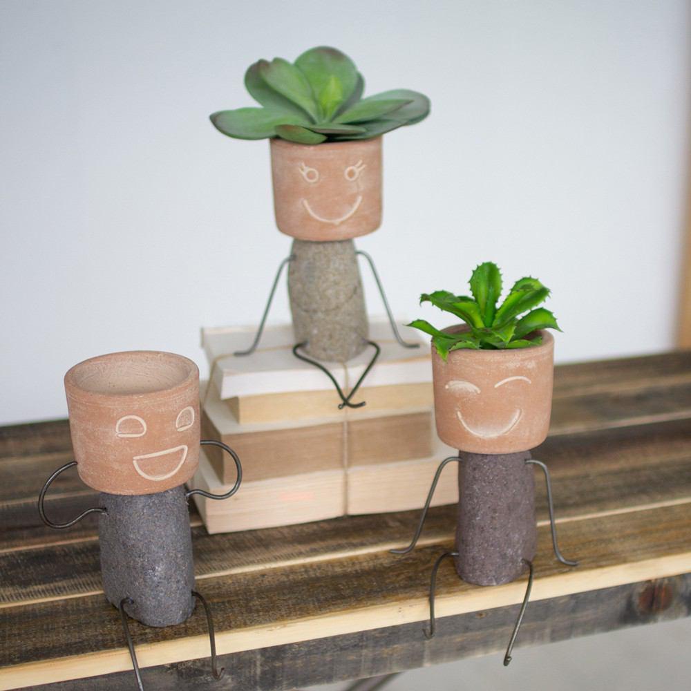 Kalalou Set Of 3 Clay & River Rock Pot Head Shelf Sitters